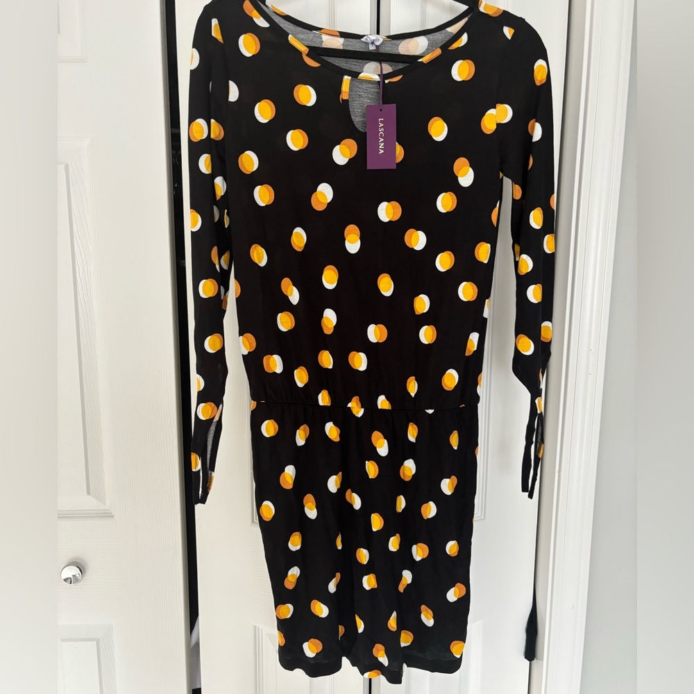 Black Dress with Yellow and White Dots